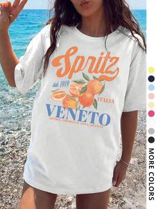 Women's Fruit & Letter Print Round Neck Tee, Vintage Trendy Casual Short Sleeve T-shirt for Daily Wear, Ladies All Seasons Top