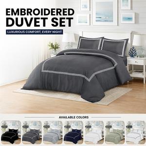 AR Ware Microfiber Embroidered Duvet Cover Set – Soft, Breathable Hotel-Quality Bedding with Pillowcases – Bratta Stitch Border – Single, Double, King & Super King (UK Sizes)