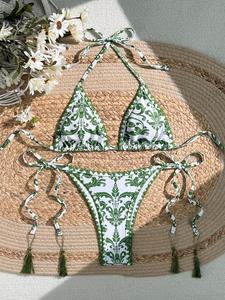 Two-piece Set Women's Green Paisley Print Contrast Binding Halter Triangle Bikinis Sets, Casual Tie Back Backless Swim Top & Tie Side Tassel Decor Swim Bottom, Ladies Swimsuit for Beach Holiday Vacation, Halter Neck Bikini, Bikini Skirt Set
