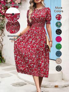 Women's Ditsy Floral Print Frill Trim Shirred Keyhole Back Puff Sleeve Dress, Boho Romantic Short Sleeve Round Neck A Line Midi Dress for Beach Vacation Holiday Wedding Guest, Ladies Summer Clothes
