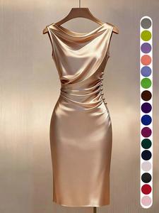 Summer Knit Satin Dress, Champagne Color, Halter Neck, Sleeveless, Waist Cinch, Midi Length, Pleated Design, Button Detail, Evening Gown, Ffsp2640