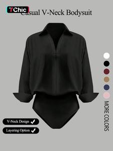 Women's casual loose V-neck long-sleeved shirt jumpsuit, elegant woven fabric, slim fit, suitable for all seasons, and can be layered flexibly.