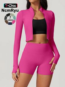 Women's high elastic soft standing neck zipper waist length shaping jacket high waist beautiful buttocks shorts yoga suit set Outdoor Running Cycling, Mountaineering Strolling Set Gym Sports Training Fashion Coat Shorts
