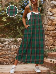 Plus Size Women's Dress Summer Plaid Casual Apron Skirt Pocket Design, Comfortable and Stylish, Perfect for Daily Wear