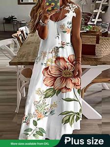 【Plus Size】 Floral Print Sleeveless Dress, Bohemian Casual Fashionable Dress for Daily Holiday Vacation Wear, Women Plus Clothing for Summer, Plus Size Dresses, Womenswear, Boho Sundress, Boho Style Floral Clothe