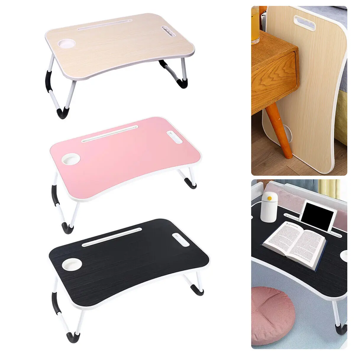 Folding Laptop Bed Table Cup Holder Lap Standing Desk Tray Breakfast Portable Black/Pink/White