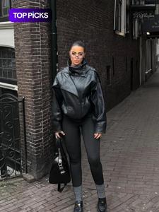 New lychee pattern temperament women's clothing wholesale fashion leather jacket cross-border European and American style autumn and winter
