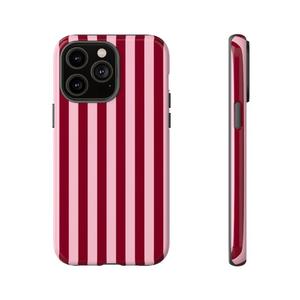Burgundy and pink striped, eye-catching candy-striped rugged 2-in-1 phone case featuring a durable, shock-absorbing, and stylish design. Compatible with iPhone 17, 16, 15, 14, 13, 12, 11 Pro Max Pro Plus, and Samsung Galaxy S25, S24, S23 Ultra.