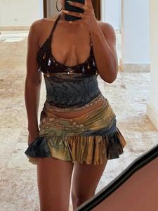 Women's Halter Neck Crop Top & Tie Dye Print Ruffle Hem Skirt, Chic Backless Cut Out Top & High Waist Skirt, Ladies Summer Clothes for Beach Holiday Vacation, Beachwear, Two Piece Set Women, Womenswear, Summer Outfits Set