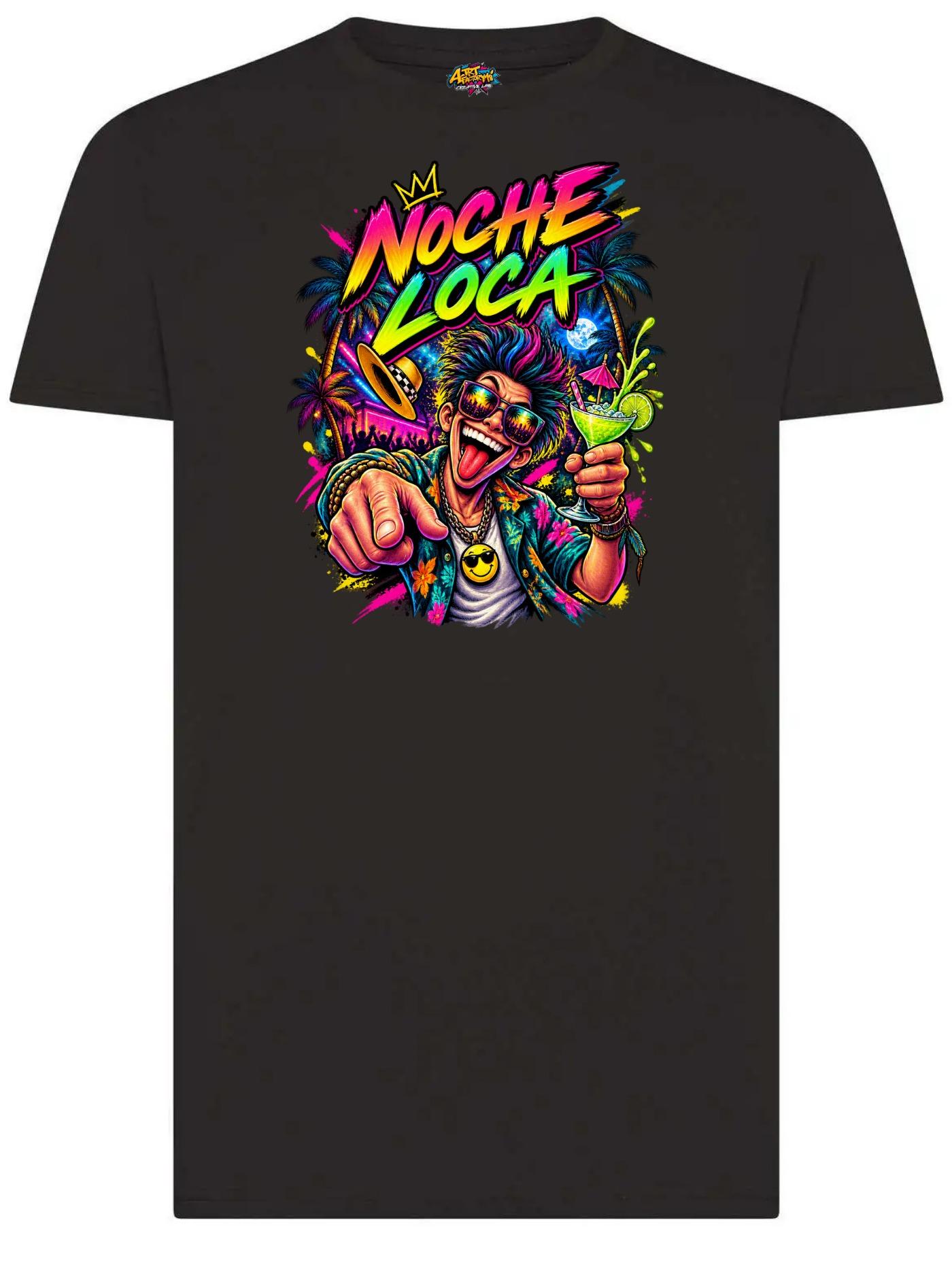 T-Shirt Noche Loca Unisex Nera in 100% Cotone con Stampa DTF Ad Alta Definizione per Serate e Festival