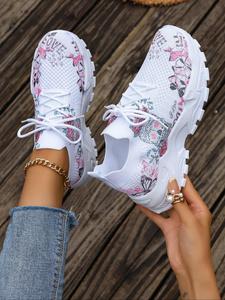 Women's Fashionable Floral & Skull Pattern Lace Up Sneakers, Casual Comfortable Breathable Sports Running Shoes, All-match Basic Trainer for Daily Wear, Casual Running Footwear