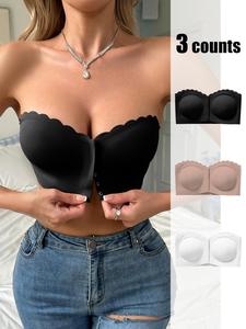 Women's Solid Scallop Trim Hook & Eye Front Wireless Bandeau Bra, Comfortable Breathable Seamless Strapless Bralette Lingerie for Daily Wear, Lingerie Top for All Seasons, Bras for Women