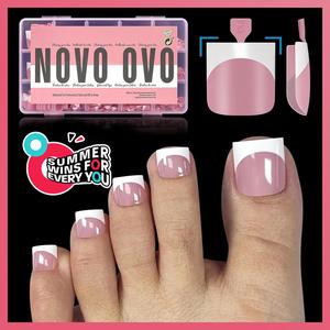 NOVO OVO French Tip Toe Nail Tips Press on, Sharp Square Pre-Designed Soft Gel False Toenail Extension, BERRY PINK Pre-applied Tip Primer & Base Coat, Full Cover Acrylic for DIY x 15 Sizes 240 pcs【NO GLUE & TOP COAT INCLUDED】summer outfits
