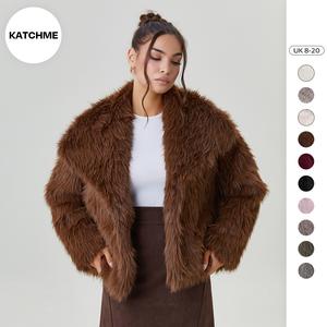 Katch Me Look Women's Luxurious Oversize Solid Color Wide Lapel Snap Closure Fuzzy Thermal Outerwear, Fall & Winter Long Sleeve Outerwear, Faux Fur Outfit