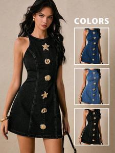 Holiday Style Halter Denim Mini Skirt, Metal Decoration, Waist Cinched, Sexy Sleeveless A-Line Short Dress, Women's Fashion