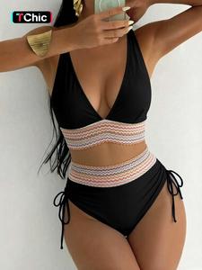 Women's Summer Colorblock Bikinis Set, Casual V Neck Sleeveless Bikini Top & Ruched Tie Side High Waist Swim Knicker, Classy Two Piece Set Co-ord Sets Party, Brazilian Swimwear, Back To School Bathing Suits 2024 for Women, Women's 2 Piece Sets
