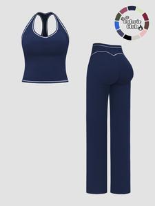 Women's Quick-Dry Colorblock Sports Bra Tank Top, High-Waisted Vintage Straight Leg Pants, Outdoor Fitness Yoga Casual Sportswear Set