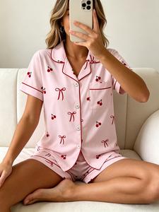 Women's Short Sleeve Button Down Top and Shorts Pajama Set, Spring Summer Wear, For French Style Lovers, Light Pink Base Soft Cherry Print, Classic Lapel Collar, Loose Fit, Comfortable For Tea & Reading, Loungewear