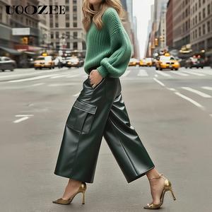 UOOZEE Women's 2025 Autumn Winter PU Leather Pockets High Waisted Straight Leg Ankle-Length Pants, Fashion High Street No Stretch Casual Trendy Ankle-Length Trousers Bottoms for Commuting(Smaller Waist Fit - Check Size Guide or Order One Size Larger)