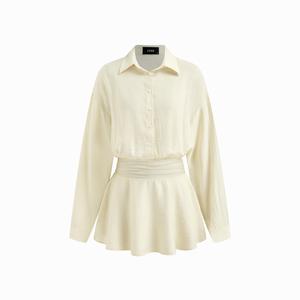 Cider Collar Shirred Ruched Long Sleeve Mini Shirt Dress