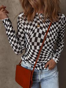 Women's Checkered Print Mock Neck Tee, Casual Long Sleeve Top for Spring & Fall, Women's Clothing for Daily Wear