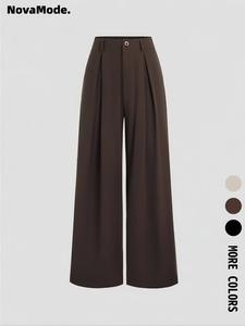 Women's Vintage Elegant Pleated Wide Leg Pants, Comfortable Fabric, All-Season Ideal Choice, Fashionable Design, High Waist