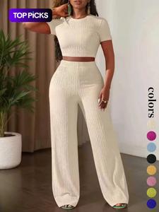Women's Casual Short Sleeve Top & Wide Leg Pants Set, Pure Color Summer, Comfortable Daily Wear, Stylish Fashion Ensemble