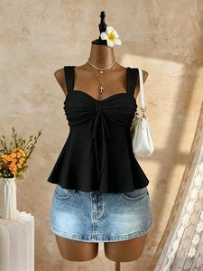 Summer Casual Solid Color Drawstring Halter Top, Women's Hollow Out Knot Bell Bottom Vest, Comfortable and Stylish Summer Wear, Elegant Classy Tops