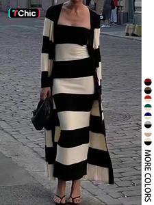 Autumn Winter Knit Two-Piece Set Women, Striped Elegant Cami Long Dress & Sweater, Thin Layer, Casual Fitted Style, casual chic dress, Spring Fall