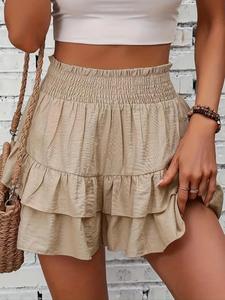 Women's Frill Trim Ruffle Hem Shirred High Waist Shorts, Boho Casual Tiered Layer Shorts for Spring & Summer, Summer Shorts for Women, Back To School, Ladies Elegance Minimalist Shorts, Wide Leg Shorts for Women, Ruffle Shorts