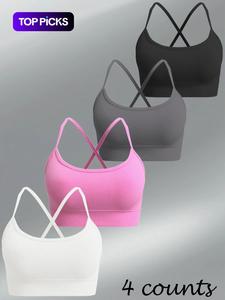 Women's Solid Color Criss Cross Sports Bra, High Stretch Comfortable Breathable  Wireless Backless Sports Bra,  Sports Lingerie Top for Indoor Outdoor Wear