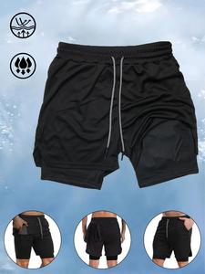 Men's 2 In 1 Drawstring Waist Pocket Design Sports Shorts, Gym Shorts, Quick Dry Breathable Elastic Waist Shorts, Summer Sports Shorts for Men