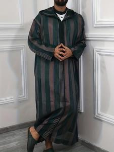 Men's Colorblock Striped Print Zipper Hooded Kaftan, Modesty Thobe, Traditional Arabic Robe, Loose Fit Jubba, Loose Casual Long Sleeve Muslim Clothing for Spring & Fall, Fashion Men's Islamic Clothing for Daily Wear, Baggy