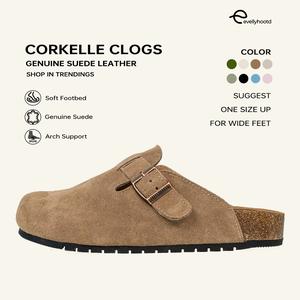 [1 or 2 Size Up] EVELLYHOOTD Corkelle - Unisex Suede Round Toe Cork Footbed Clogs with Comfort Width Adjustable Fashion Slipper For Men and Women