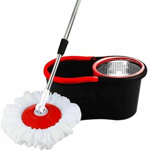 360° FLOOR MAGIC SPIN MOP BUCKET WITH 2 HEADS SET ROTATING DRY MICROFIBER (Black)