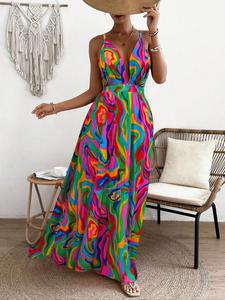 Women's All Over Print Deep V Neck Backless Spaghetti Strap Cami Dress, Elegant Adjustable Strap Criss Cross A Line Dress for Beach Holiday Vacation, Ladies Summer Clothes, Womenswear, Sundress, Casual Wear Bohemian Print Dresses