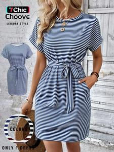 Women's Striped Print Tie Front Dress, Fashion Summer Outfits 2024 for Work, Lady Fashion Casual Comfortable Pocket Short Sleeve Knee Length Dress for Summer, Dresses for Women, Ladies Dresses