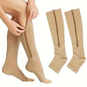 Zipper Compression Socks For Athletes, 1 Pair Solid Color High Knee Compression Sports Socks for Running Jogging, Compression Leg, Funny Gift, Women's Socks & Hosiery, Athletic Running Socks