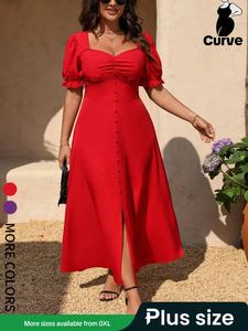 【Plus Size】 Solid Color Dress, Plus Size Elegant Fashion Casual Long Dress for Daily Outdoor Wear, Women's Plus Size Clothing for Summer, Womenswear