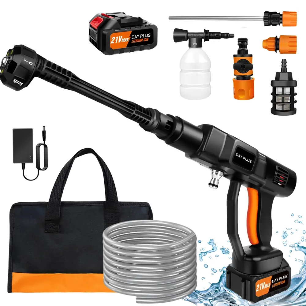 Portable Cordless High-Pressure Washer, 21V 1500W 45 Bar/652 PSI Cordless Pressure Washer with 2 Battery, 6-in-1 Adjustable Spray Nozzle, 5m Hose, Soap Dispenser Bottle, Cordless Jet Washer Pressure Cleaner for Car/Floor/Garden Cleaning & Watering