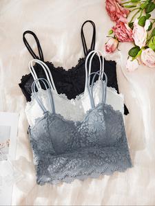 Women's Floral Lace Scallop Trim Wireless Bra Set, Lingerie for Women, Soft Comfy Breathable Fit Push Up Lingerie Top for Daily Wear, Lingeries for All Seasons, Bralettes,  Lingerie Set