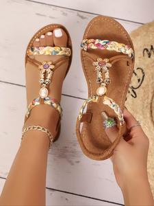 Women's Fashionable Ditsy Floral Pattern Braided Sandals, Boho Style Open Toe Slingback Sandals for Summer, Flats Sandals, Lightweight Breathable Comfortable Shoes for Daily Wear, Classic Elegant Footwear