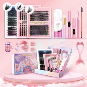 Eyelash Extension Kit, 1 Set Including 3 Boxes False Lashes & Lashes Glue & Lash Remover & Tweezers & Brush & Eyelash Curler & Aid & Headband & Wristband, Makeup, Lash Cluster Glue