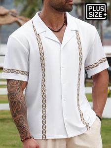 【Plus Size】 Men's Ethnic Pattern Embroidery Short Sleeve Shirt, Regular Fit Casual Button Closure Top for Spring & Fall, Men's Clothes for Vacation Holiday Beach, Menswear