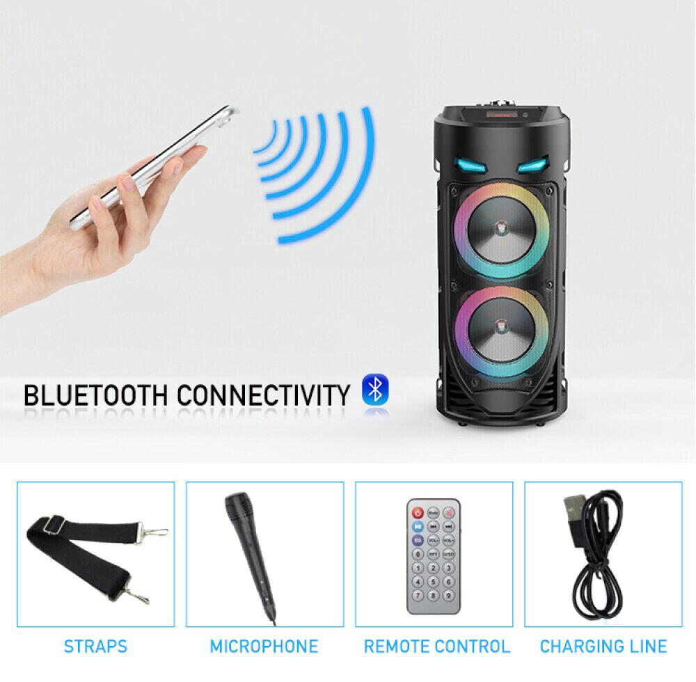 Portable Bluetooth 5.0 Party Speaker with Sub Woofer Heavy Bass Sound System MIC LED Lighting USB FM Radio Karaoke Input Adjustable Strap for Outdoor Use TWS Function UK Seller Fast Delivery Card Audio - Stereo, Cable Smartphone Colorful Remote Control