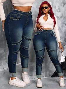 【Plus Size】 Raw Hem Pocket Denim Jeans, Casual Comfy Slim-fitting Trousers for Daily Wear, Women's Bottoms for Summer
