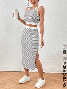 Women's Striped Print Sleeveless Crop Top & Skirt Two-piece Set, Casual Fashion Cozy Top & Skirt for Daily Outdoor Wear, Ladies Clothes for All Seasons, Casual Outfits Women, Womenswear, Summer Clothes Set, Matching Clothing Set