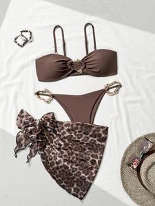 Women's Solid Swim Bra & Bottom & Leopard Print Cover Up Skirt Bikini Set, Casual Fashion Chic Swimsuit Three-piece Set, Ladies Swimwear for Beach Holiday Vacation