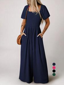 Women's Plain Puff Sleeve Pocket Shirred Wide Leg Jumpsuit, Casual Basic Short Sleeve Square Neck Jumpsuit for Summer, High Waist, Casual Fitted Jumpsuit