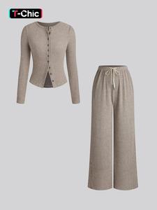 Women's Fall Winter Casual Slim-Fit Long Sleeve Round Neck Top & Pants Set, Plain Pattern Moderate Fabric, Two-Piece